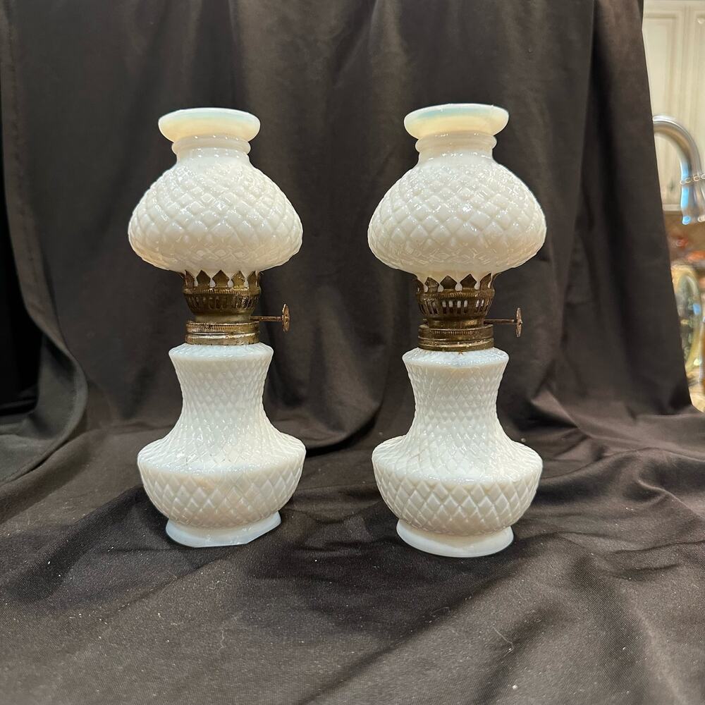 Set/2 Miniature Hobnail Milk Glass Oil Lamps Appx 8" Tall